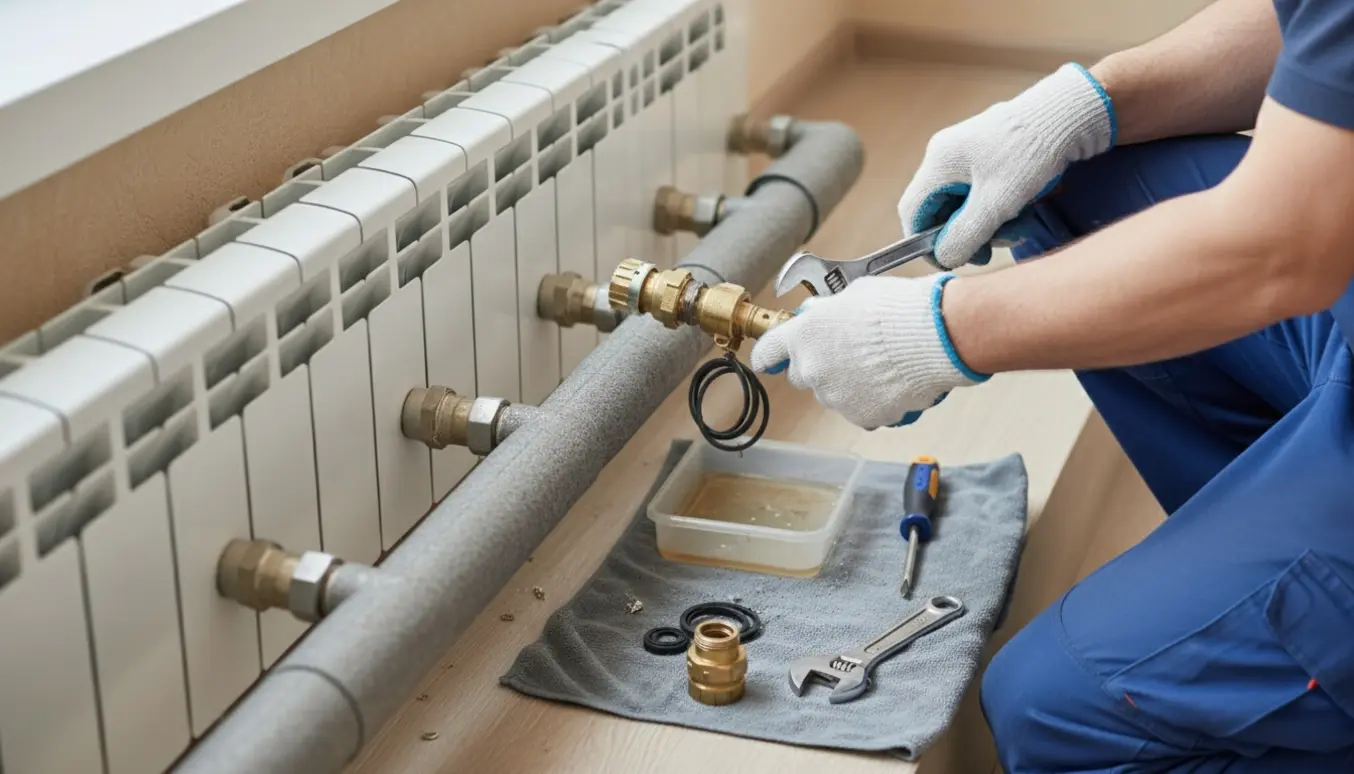 Tekniker arbejder på en termostatventil på en radiator med værktøj og reservedele ved siden af.