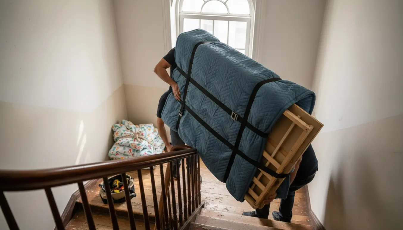 To personer bærer en adskilt børnekøjeseng pakket i tæpper ned ad en smal opgang.