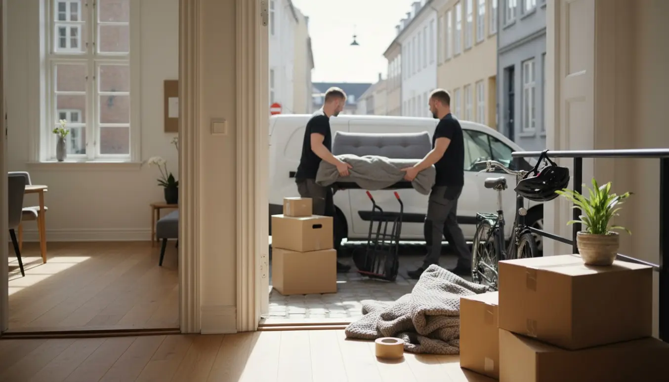 Flyttefolk bærer sofa og flyttekasser ind i en lys københavnsk lejlighed, ansigter er ikke synlige.