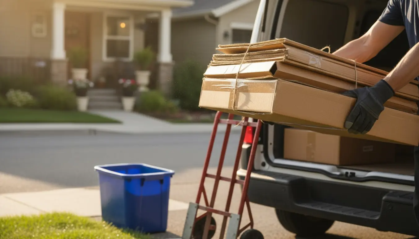 Sammenklappede papkasser bundet med snor løftes ind i bagagerummet på en varevogn klar til afhentning.