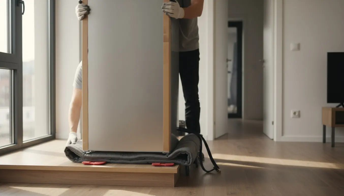 To personer sænker et smalt rustfrit køleskab ned fra en hævet platform og placerer det forsigtigt på trægulvet.