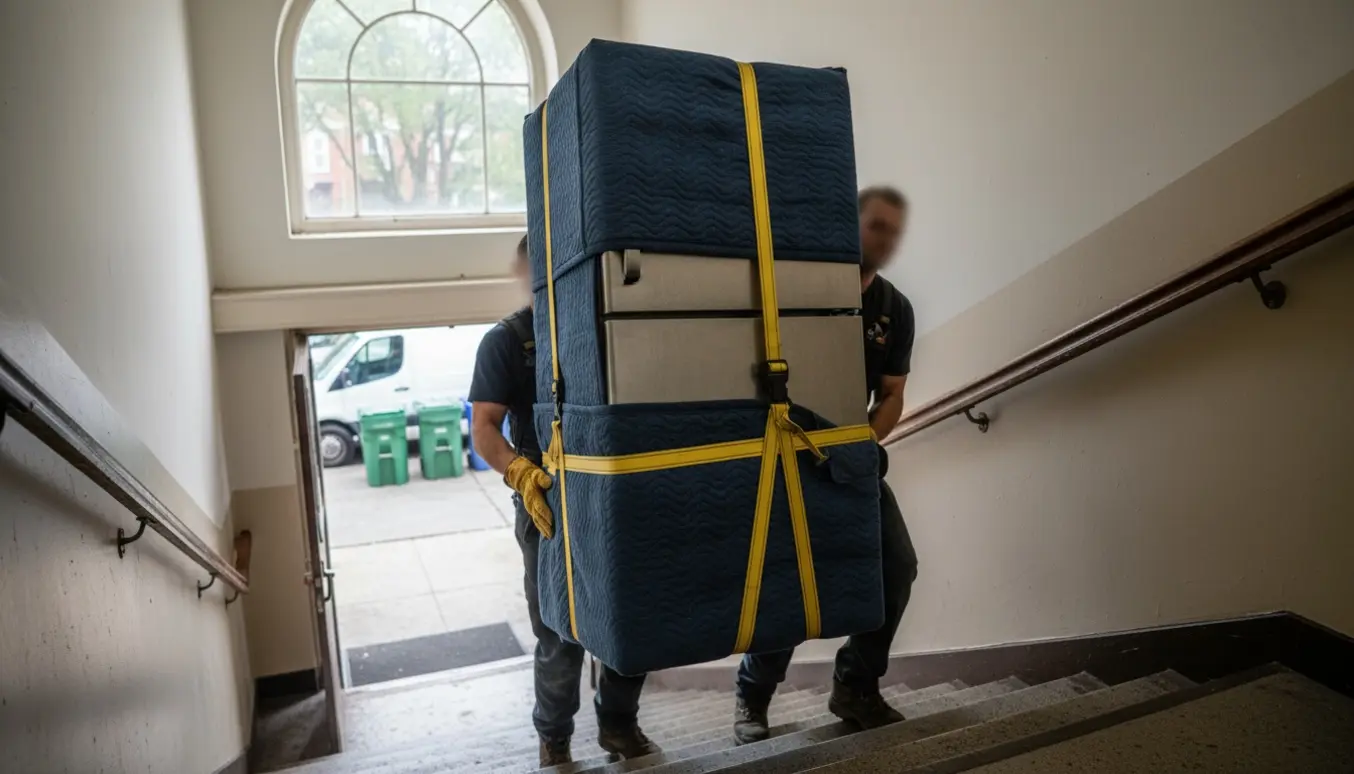 To flyttemænd bærer et stort amerikanerkøleskab ned ad en trappe mod gaden, pakket ind i beskyttelsestæpper.