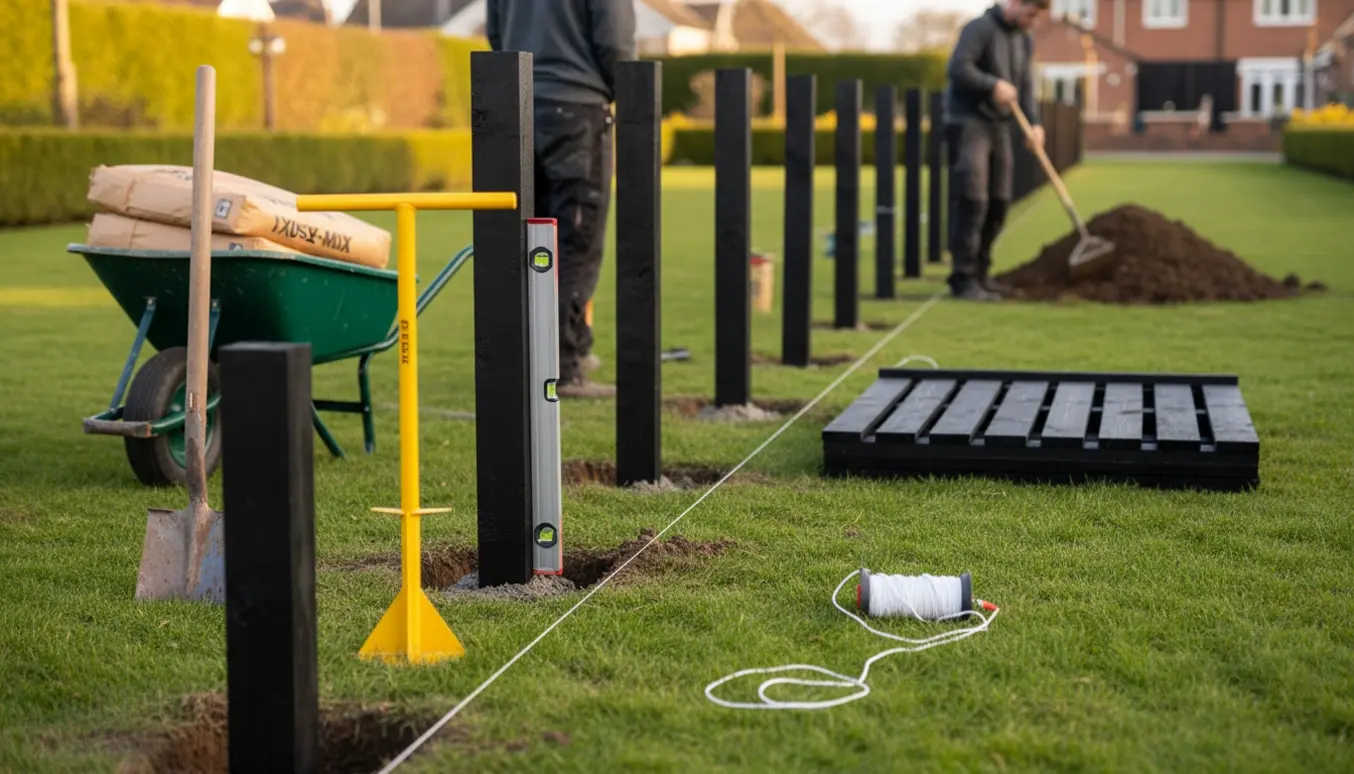Opsætning af sort træhegn på græsplæne med stolper, værktøj og gravede huller.