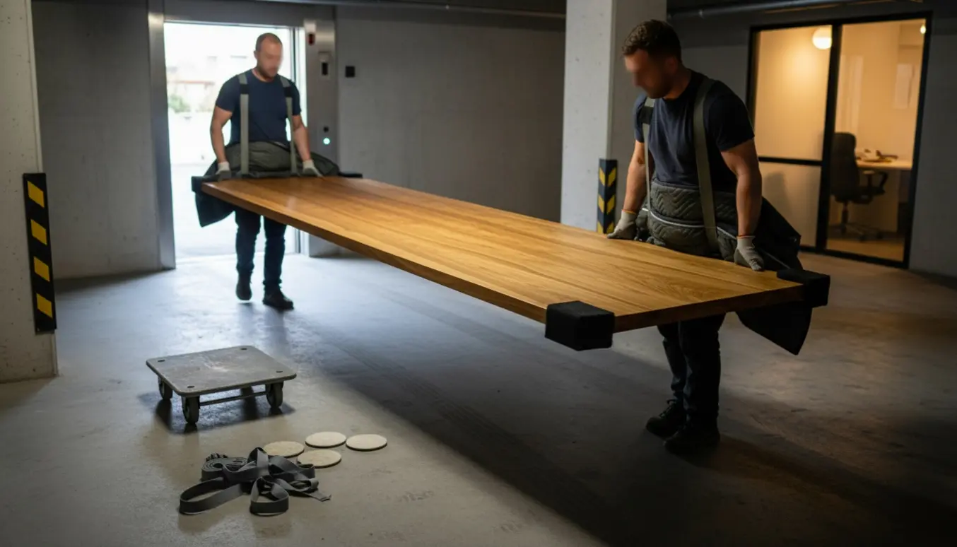 To personer bærer et langt massivt træbord gennem en parkeringskælder mod en elevator, med flyttetæpper og stropper.