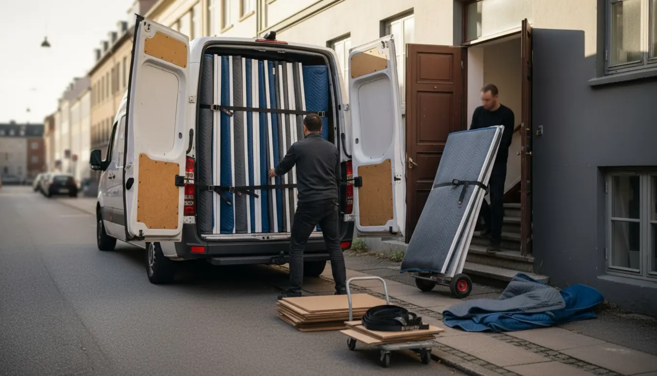 To personer læsser seks lange, smalle garderobelåger pakket i flyttetæpper fra en trappeopgang ind i en varevogn på en rolig boliggade.