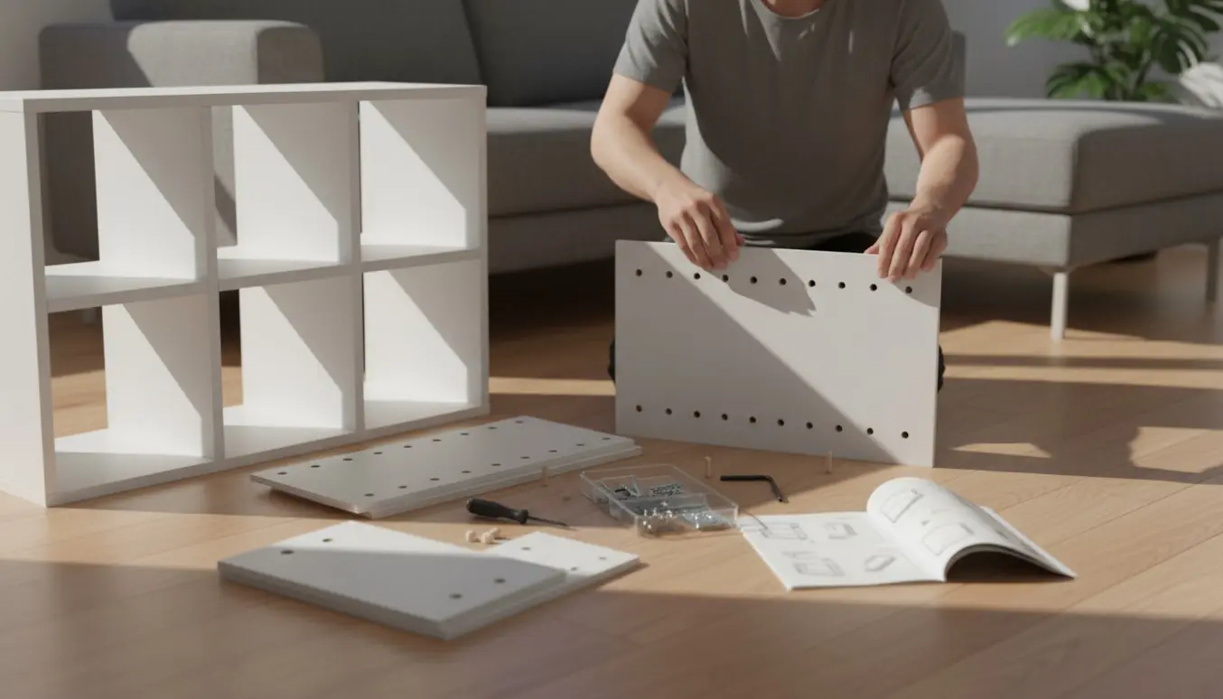 Hænder samler en lille fladpakket reol i en lys stue med værktøj og hardware rundt om.