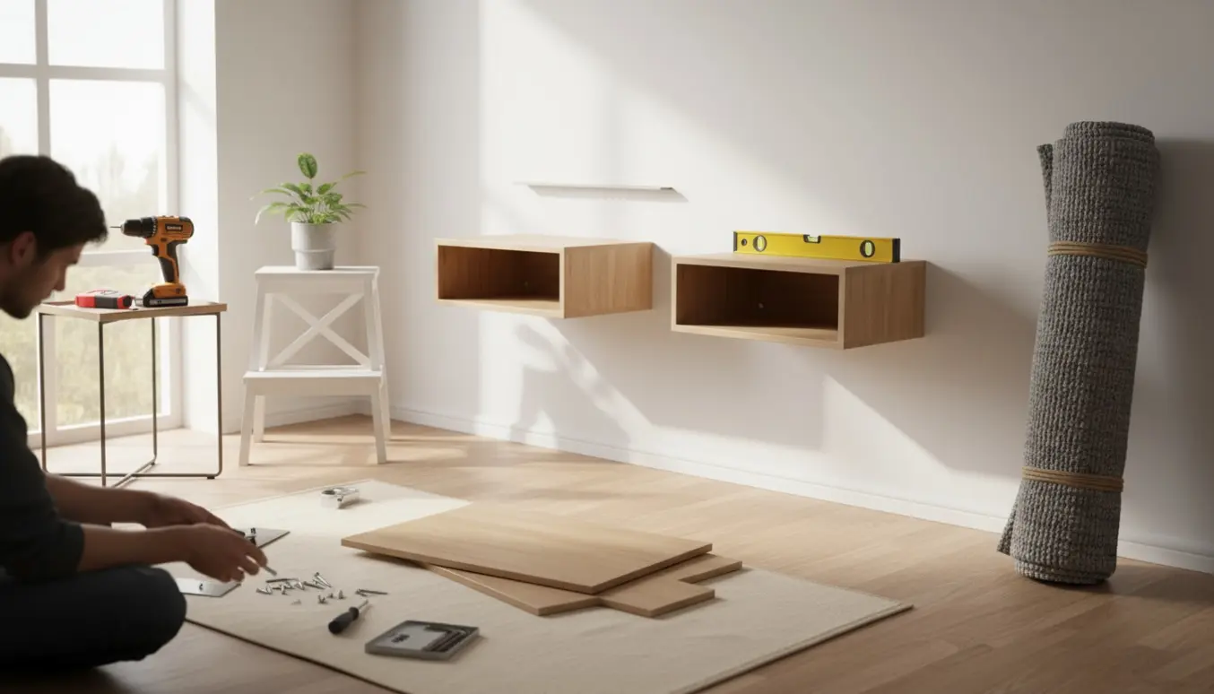 Samling og vægophængning af to natborde i en lys stue med et opbundet uldtæppe ved døren.