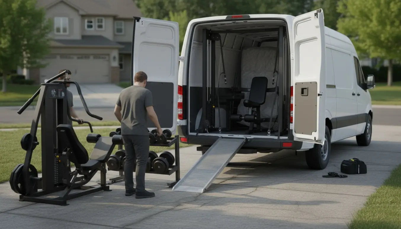 Kraftigt fitnessudstyr læsses ind i en hvid varevogn på en indkørsel, klar til transport.
