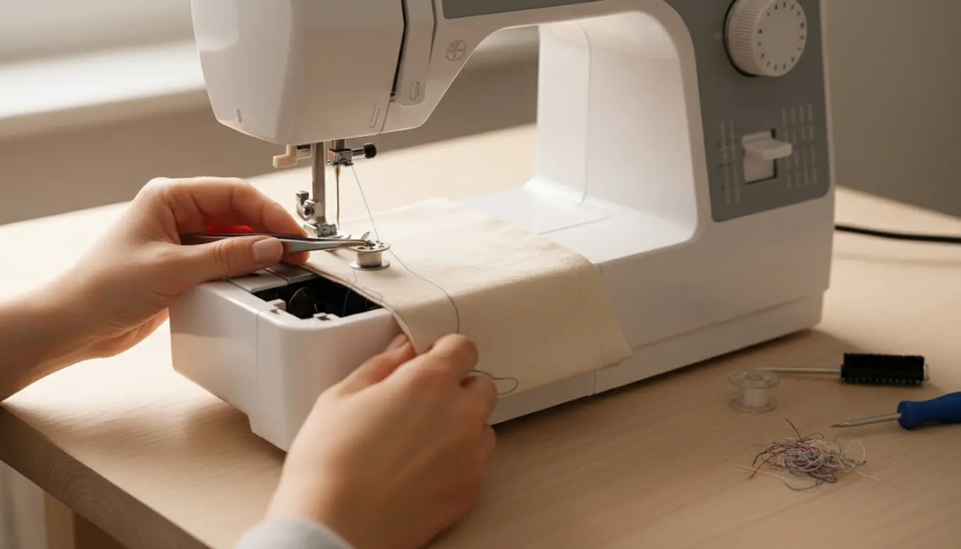 Nærbillede af hænder, der undersøger og skifter undertråd og spole i en symaskine.