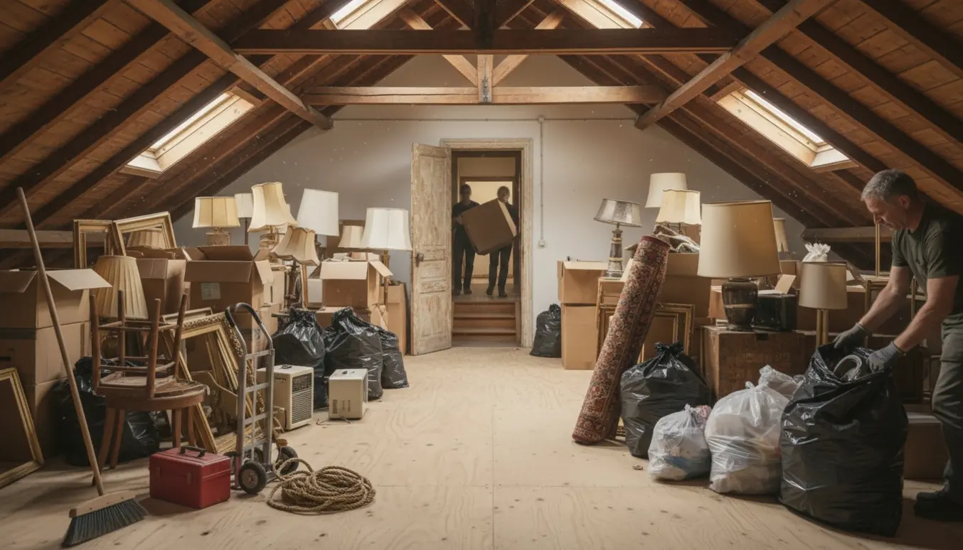 Loftrum med personer, der rydder løse genstande og bærer kasser ned ad en smal bagtrappe.