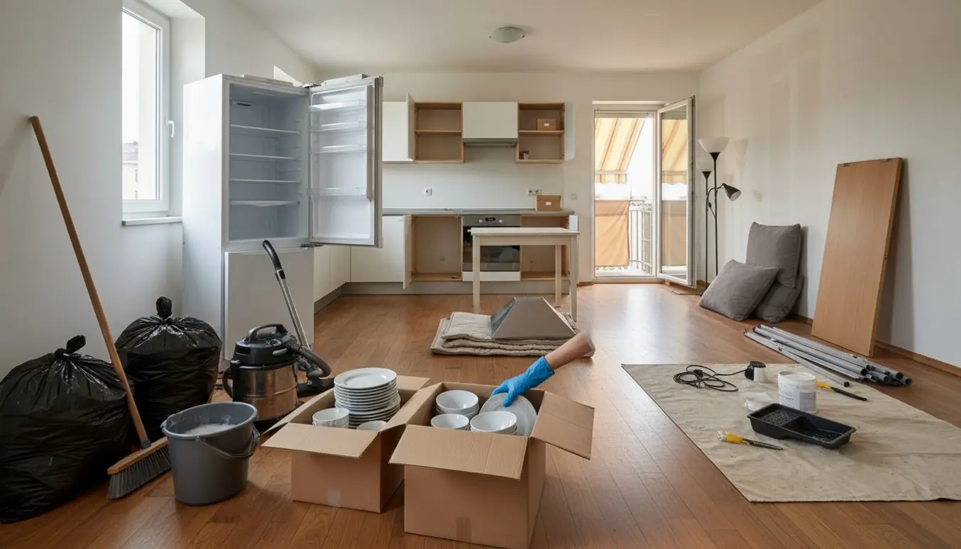 Tømning og rengøring af 3-værelses lejlighed med tomt køleskab, kasser, rengøringsudstyr og klargøring til malerarbejde.