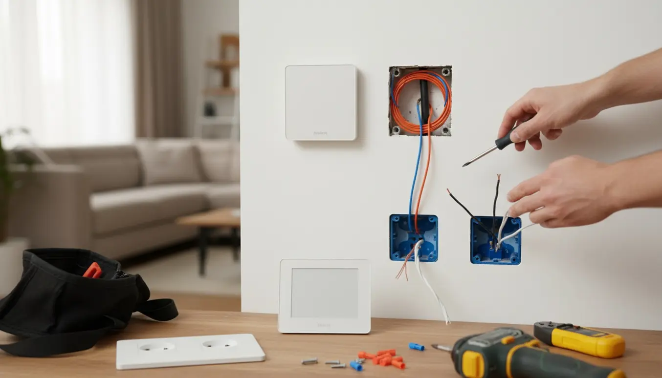 Hænder installerer en ny termostat til gulvvarme og to stikkontakter på en væg i et lyst, ryddeligt rum.