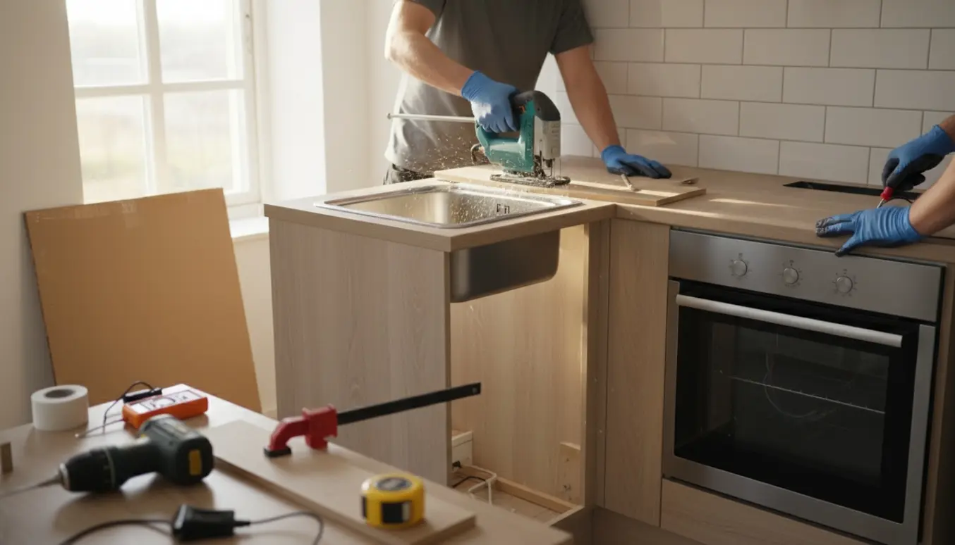 Færdiggørelse af lille køkken med udskæring af bordplade, montering af håndvask og indsætning af ovn.