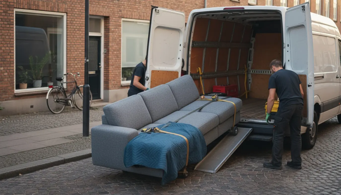 En chaiselong-sofa bliver forsigtigt læsset ind i en varevogn på en rolig københavnsk gade.