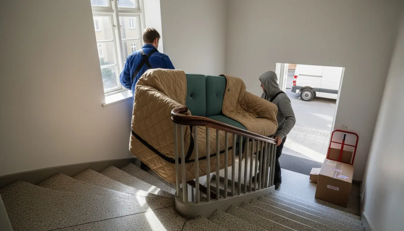 To personer bærer en 2-personers sofa ned ad en opgangstrappe på Frederiksberg, pakket i flyttetæpper og klar til afhentning.