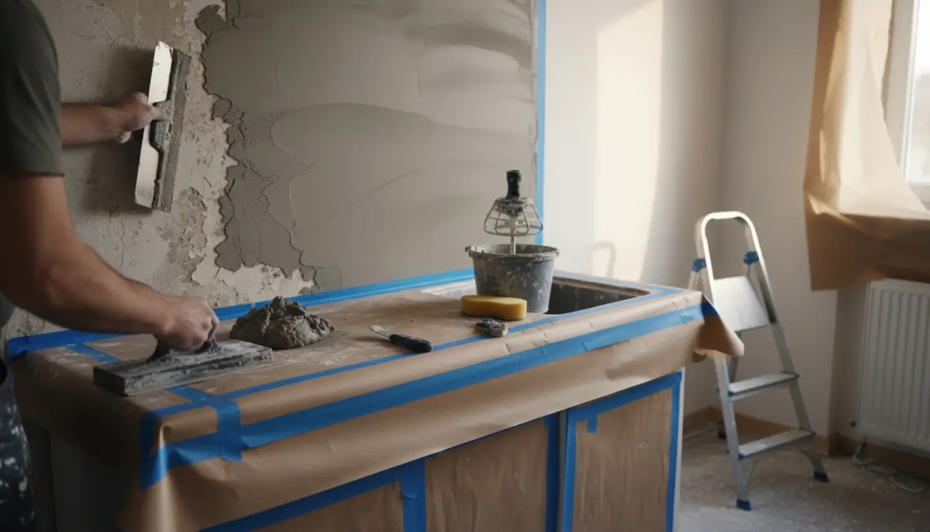 Hænder pudser og spartler en lille køkkenvæg med afdækkede overflader og værktøj i naturligt lys.