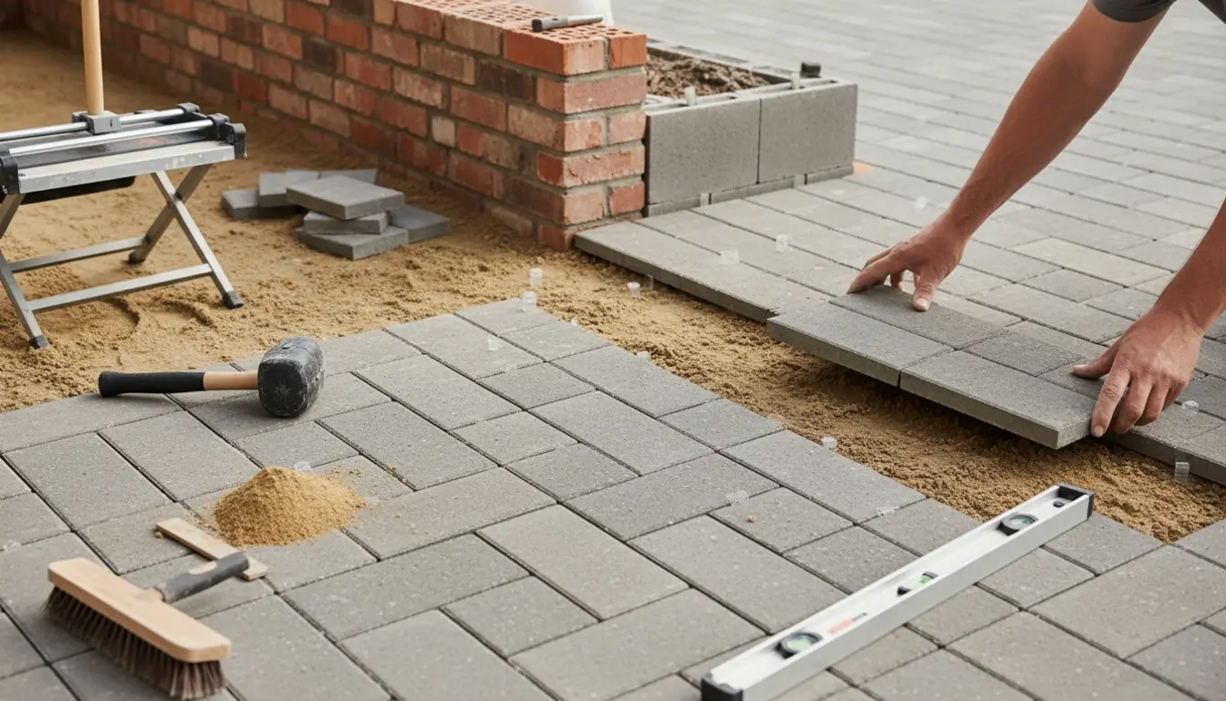 Hænder placerer 30×60 cm flise på sandbund ved ny halv mur, med værktøj og tilpassede fliser omkring.
