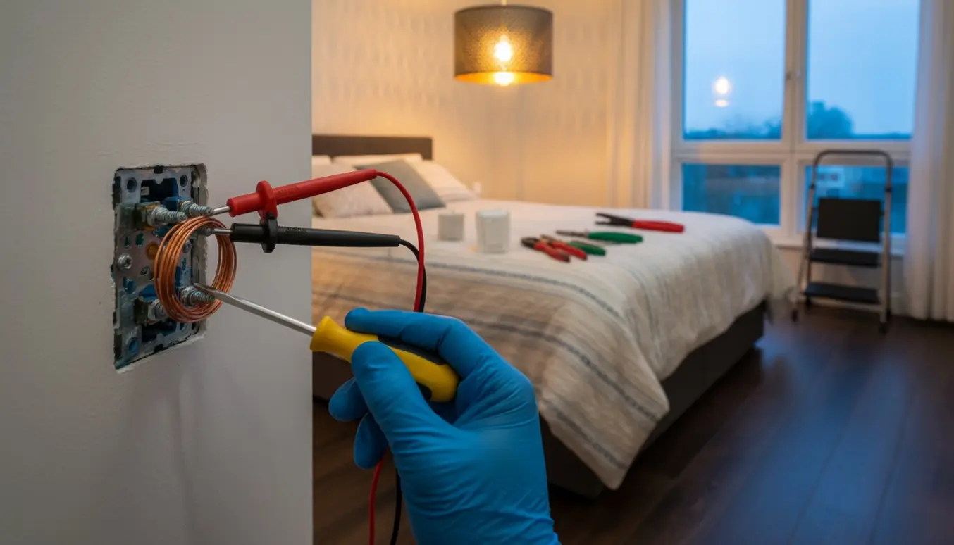 Hånd med skruetrækker og multimeter undersøger en defekt afbryder ved en tændt loftslampe i et soveværelse.