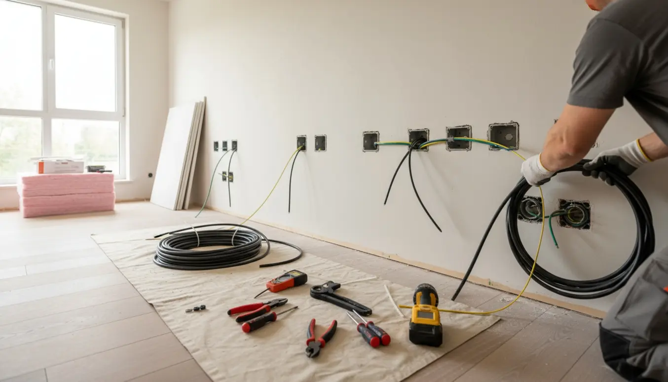 Soloplyst stue under renovering med nye el-kabler, udtag og byggematerialer.