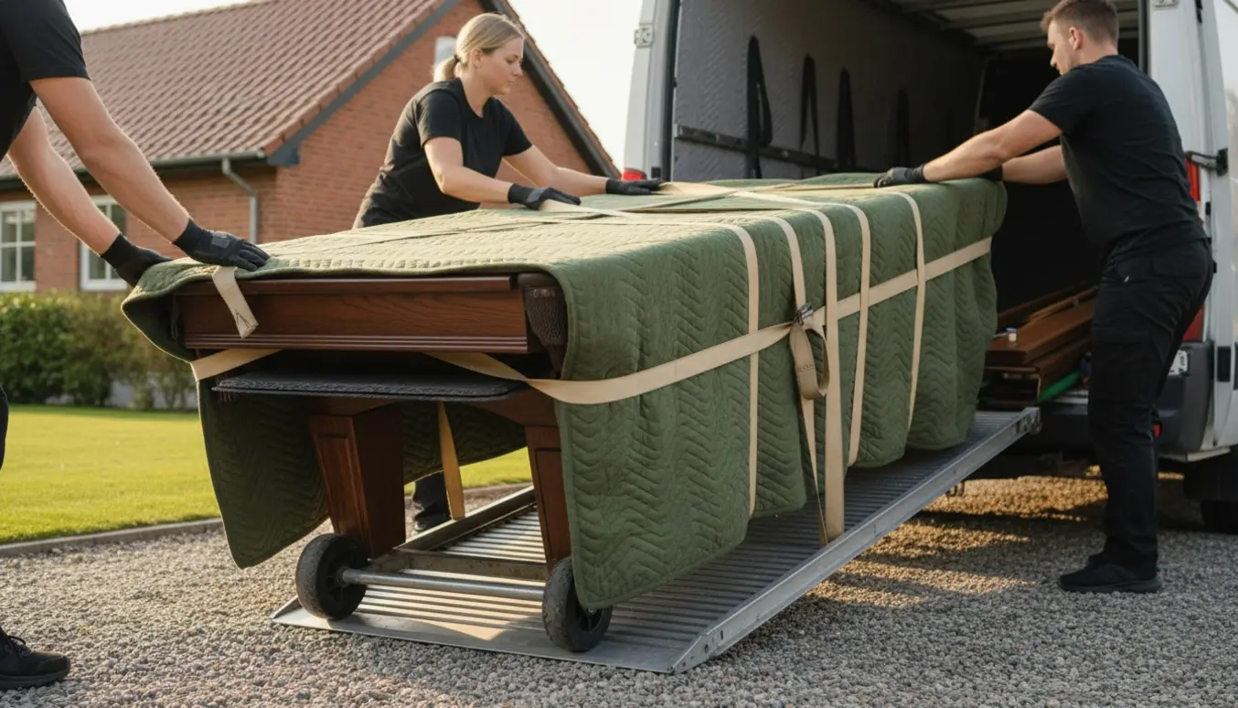Et 8-fods billardbord dækket af tæpper og stropper løftes ind i en flyttebil på en indkørsel.
