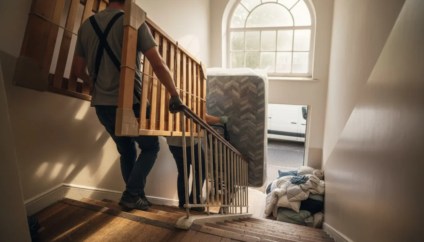 Flyttemænd bærer en madras og seng ned ad en trappe i en ældre opgang, klar til afhentning og bortskaffelse.