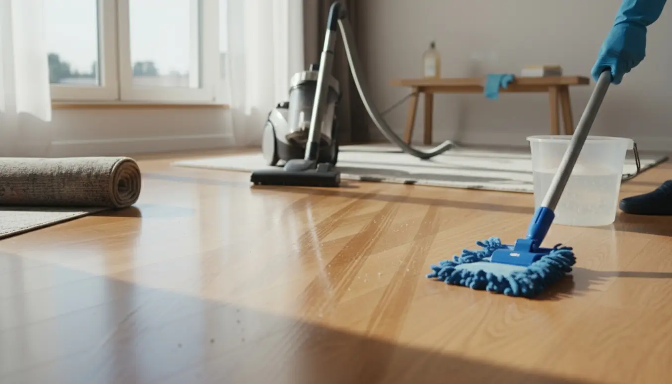 Hænder i handsker mopper og en støvsuger rengør et soloplyst trægulv, der bliver skinnende rent.
