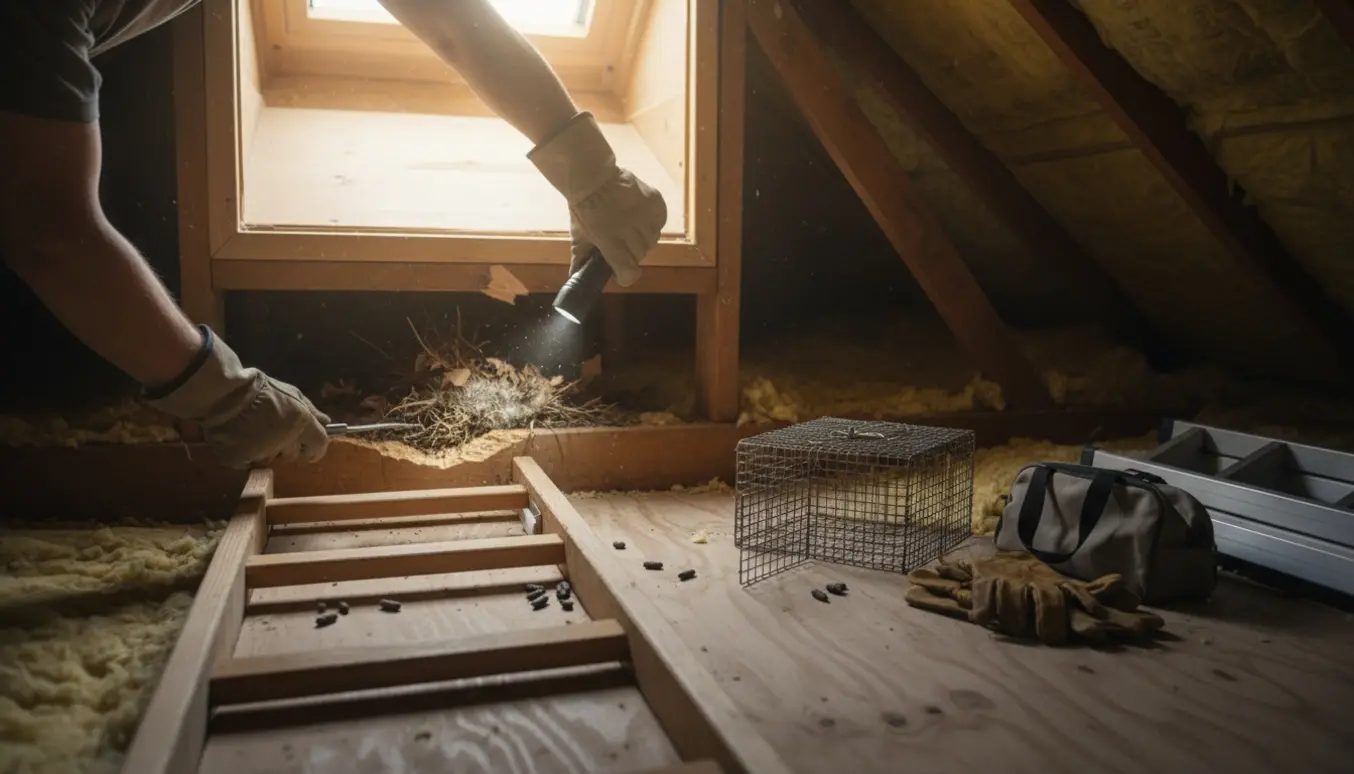 Åben loftlem med arbejdshandsker og lommelygte, der inspicerer isolering og tyggede steder for egern.