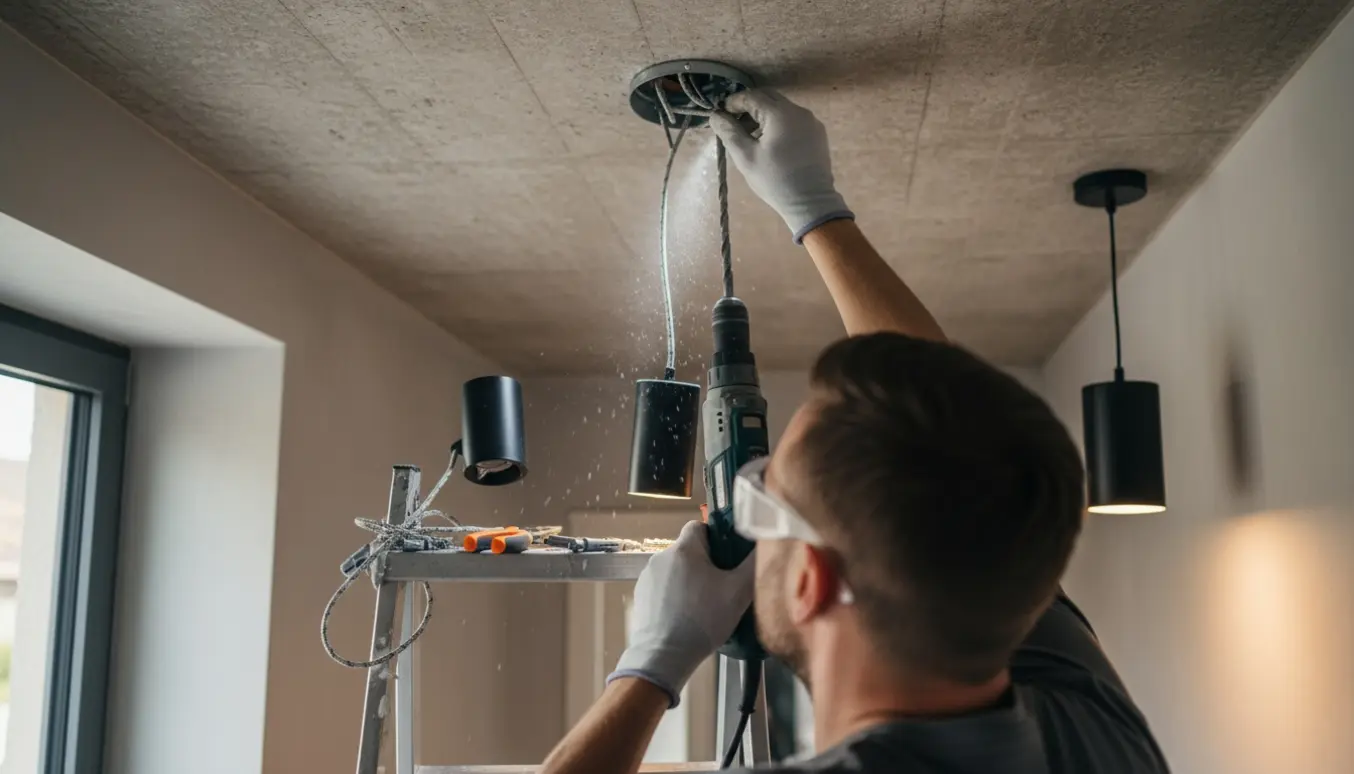 Installatør monterer to loftslamper med borehammer og fører ledning ind i installationsdåsen.