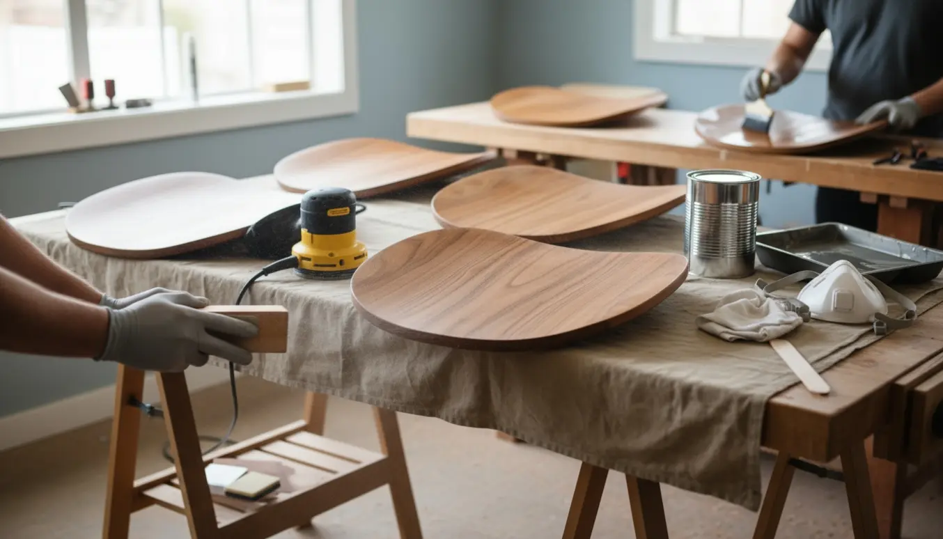 Afmonterede sæder og ryglæn fra seks træstole, der slibes og lakeres i et lyst værksted.