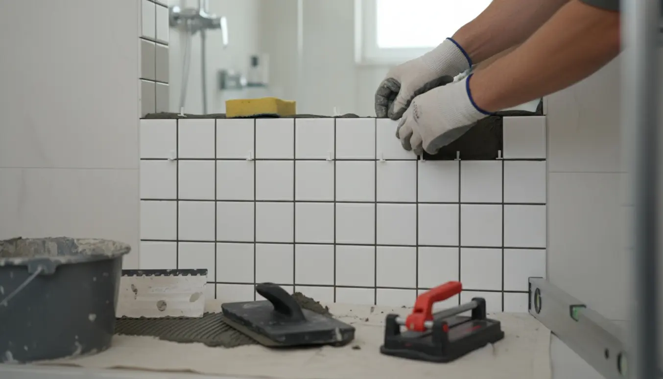 Nærbillede af små kvadratiske fliser i en bruseniche med mørke fuger og fliselæggerens værktøj.