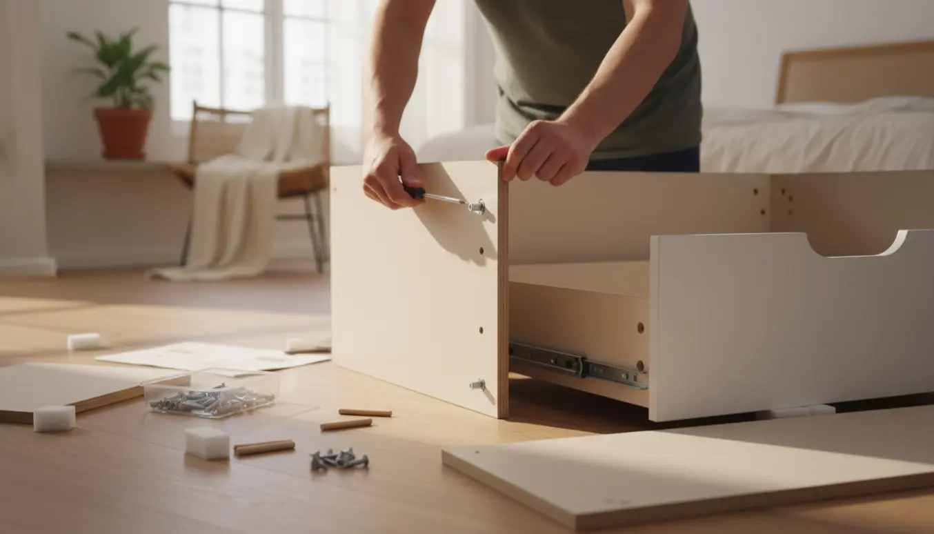 Hænder samler en fladpakket kommode på et lyst trægulv med værktøj og små dele omkring.