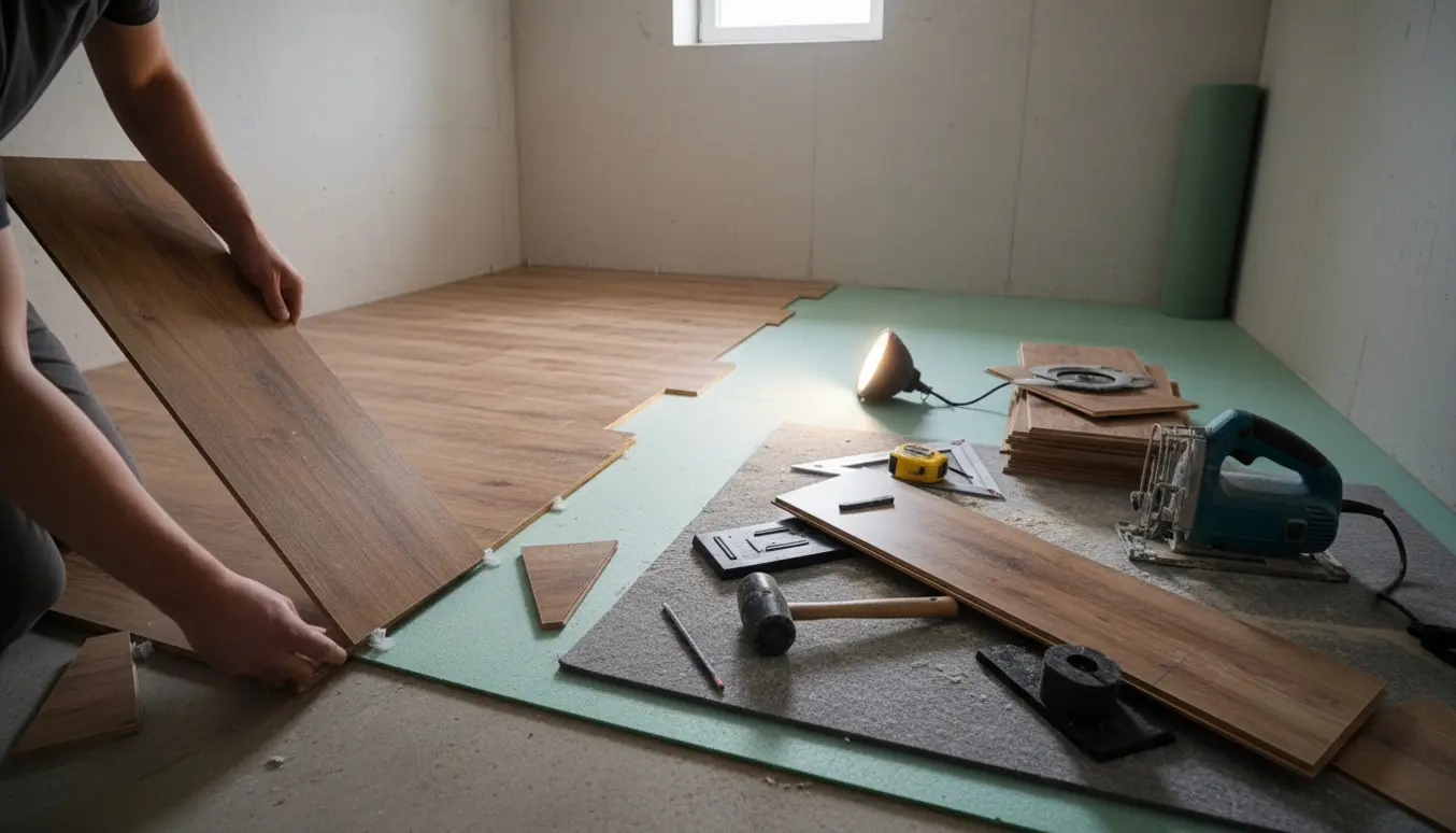 Lægning af klik-gulv i et kælderværelse set tæt på med planker, underlag, målebånd og sav klar til tilskæring.