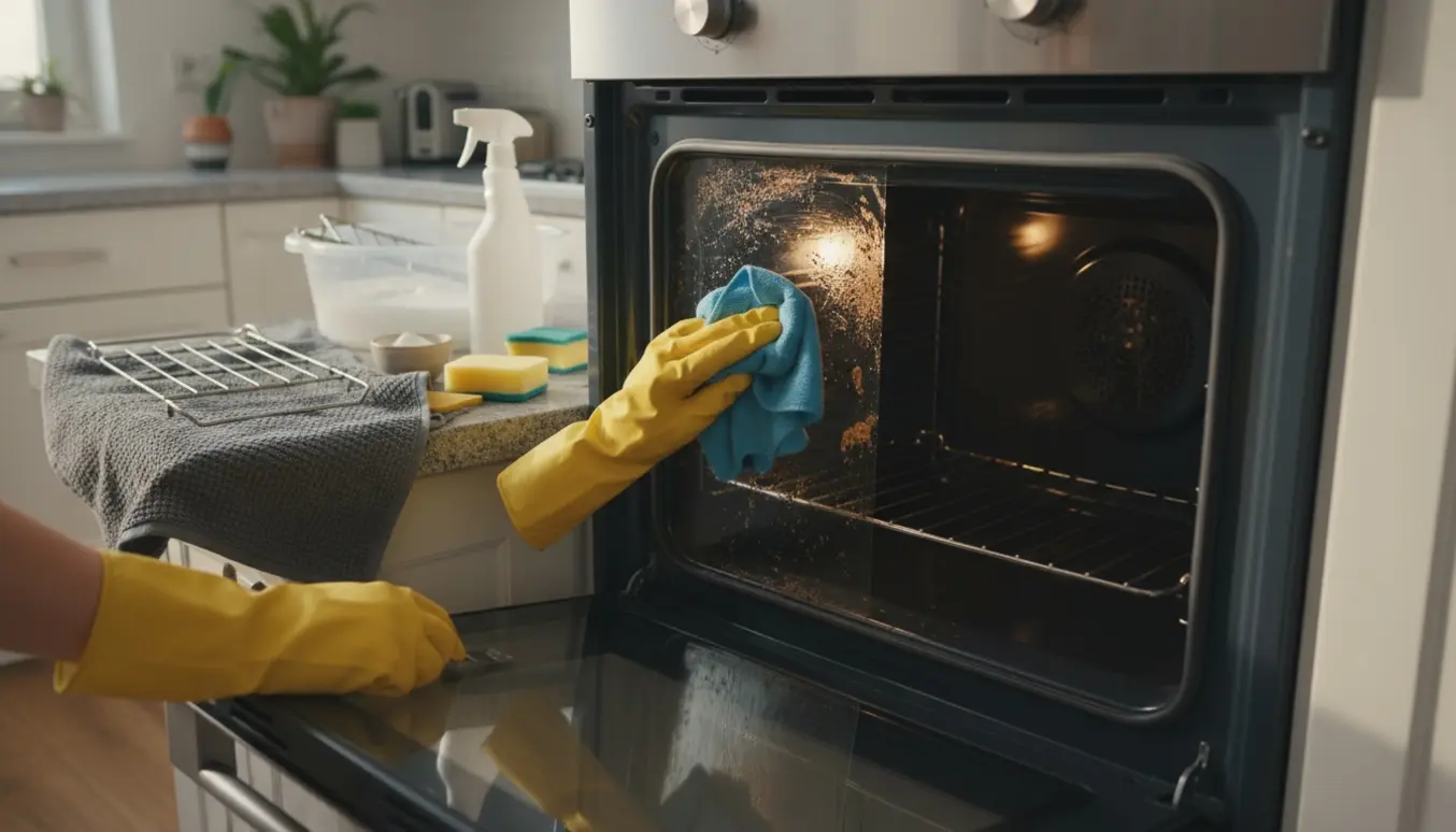 Hænder med gule gummihandsker rengør ovnens glasdør, mens ovnriste ligger til iblødsætning i en balje.