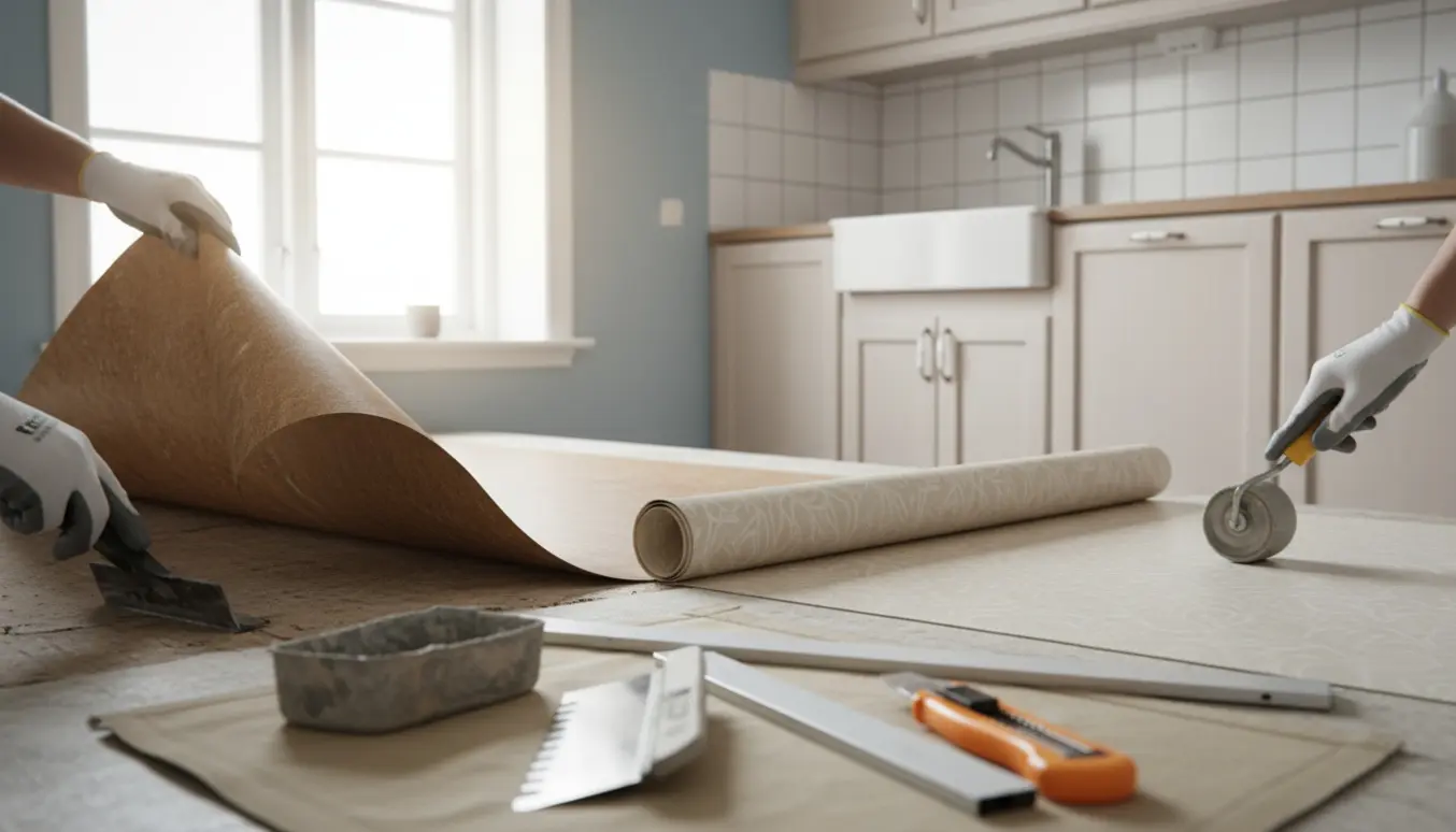 Nærbillede af udskiftning af linoleum i et lyst dansk køkken, hvor gammelt gulv fjernes og nyt rulles ud.