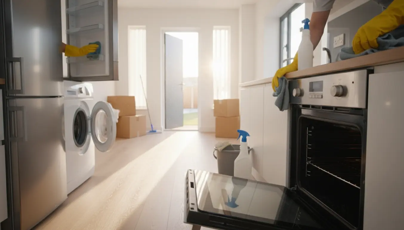 Hænder i gule gummihandsker renser ovn, kogeplade og køleskab i en lys tom lejlighed under fraflytningsrengøring.