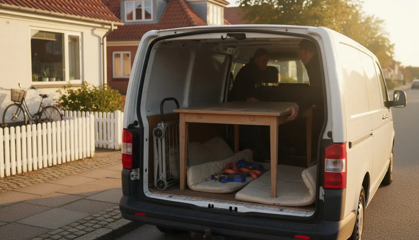 Et brugt træbord læsses i en varevogn på en stille villavej i Fredensborg, klar til transport.