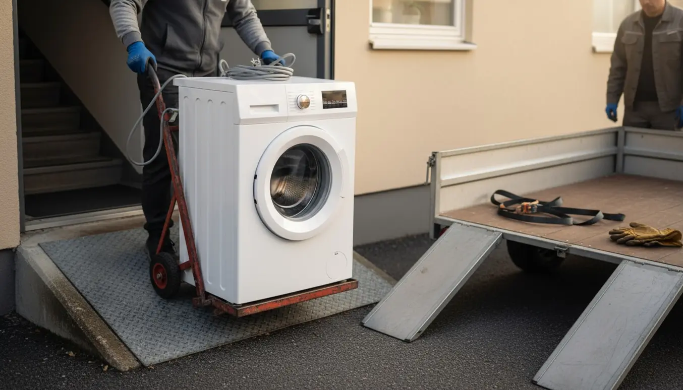 Sækkevogn læsser en hvid vaskemaskine ved en åben opgang med trailer i baggrunden.