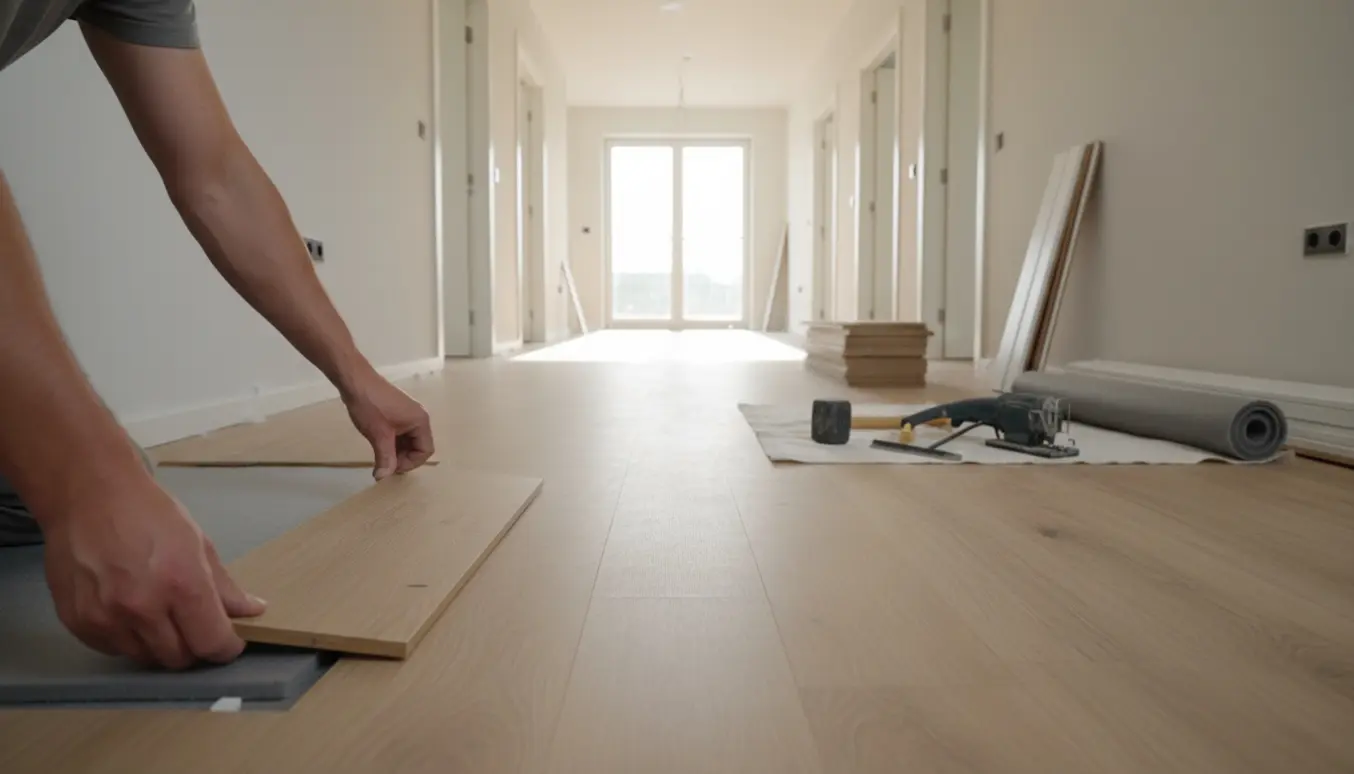 Hænder lægger nyt laminatgulv i en lys, tom lejlighed med værktøj og materialer omkring.