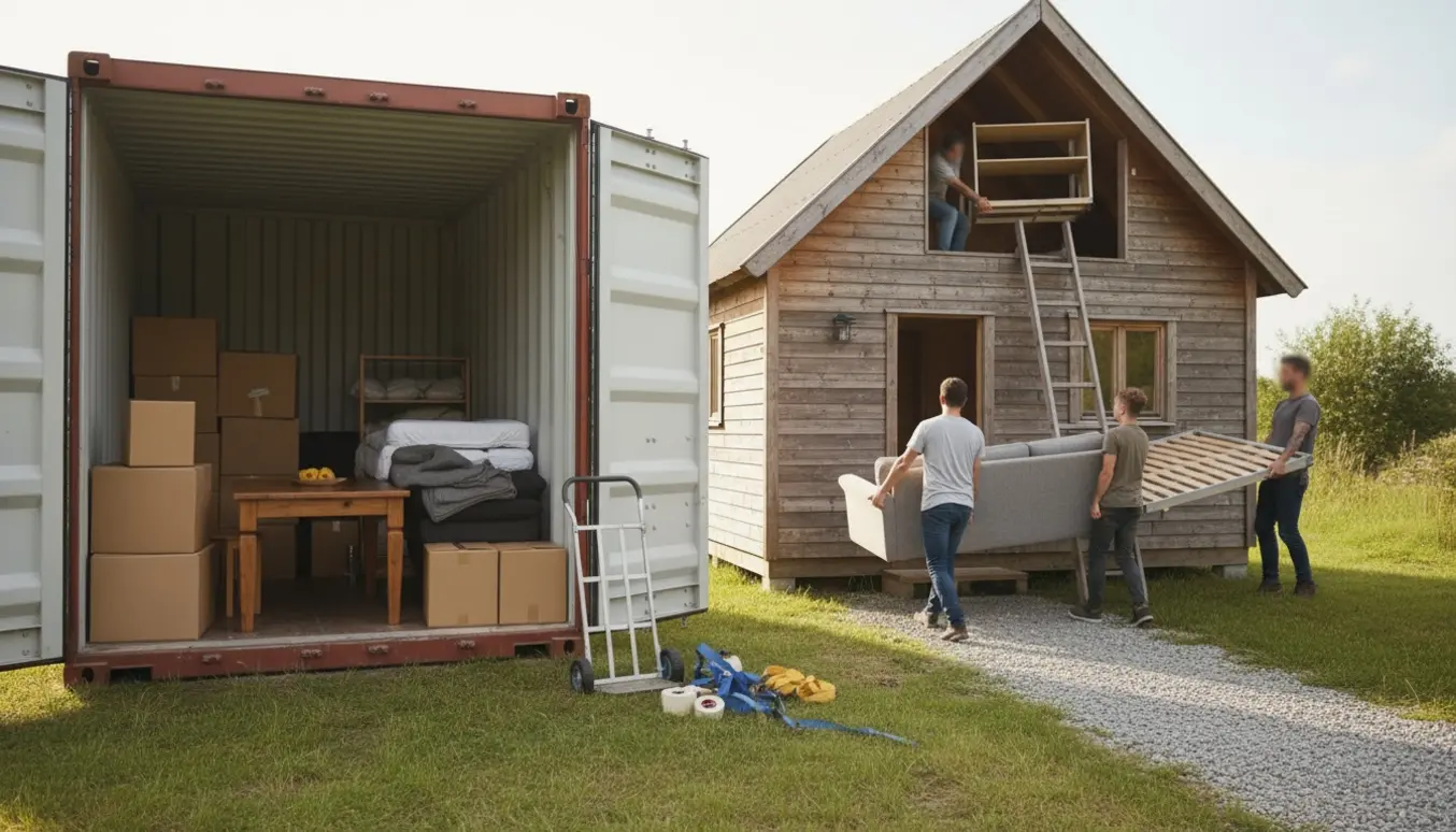 Åben container ved et sommerhus, flyttekasser og personer bærer sofa og seng mod huset med en stige til hems.