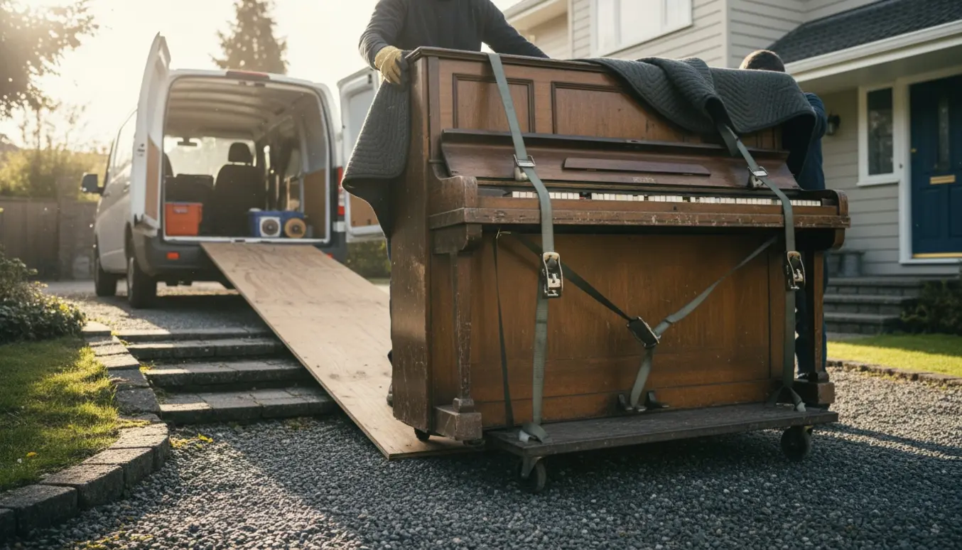 Et tungt opretstående klaver flyttes fra indkørsel over planker og trin til husets indgang med flyttedolly og remme.
