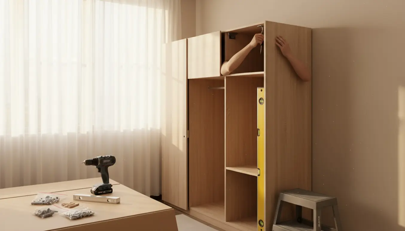 Et PAX-garderobeskab fra IKEA bliver fastgjort til væggen med skruer og vaterpas.