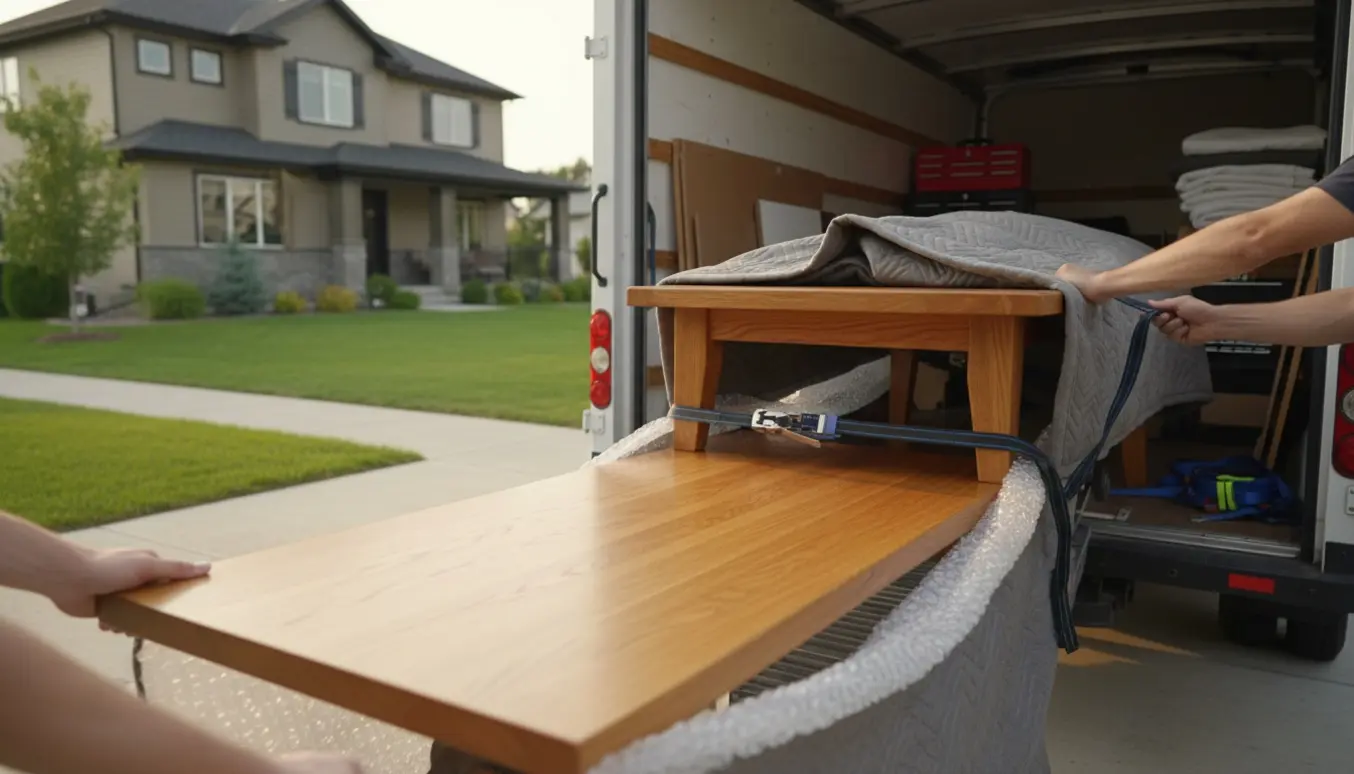 Et spisebord i egetræ pakkes og læsses ind i en flyttevogn med flyttetæpper og stropper.