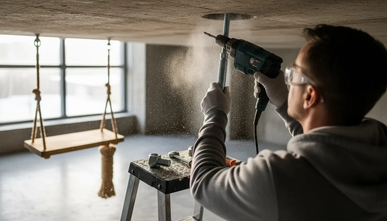 Person monterer kraftigt øjeophæng i betonloft til gynge med boremaskine og rawlplugs på en stige.
