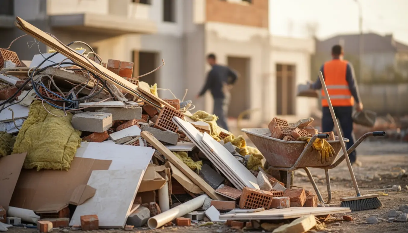 Stor bunke byggeaffald ved et hus med trillebør, skovl og handsker klar til oprydning.