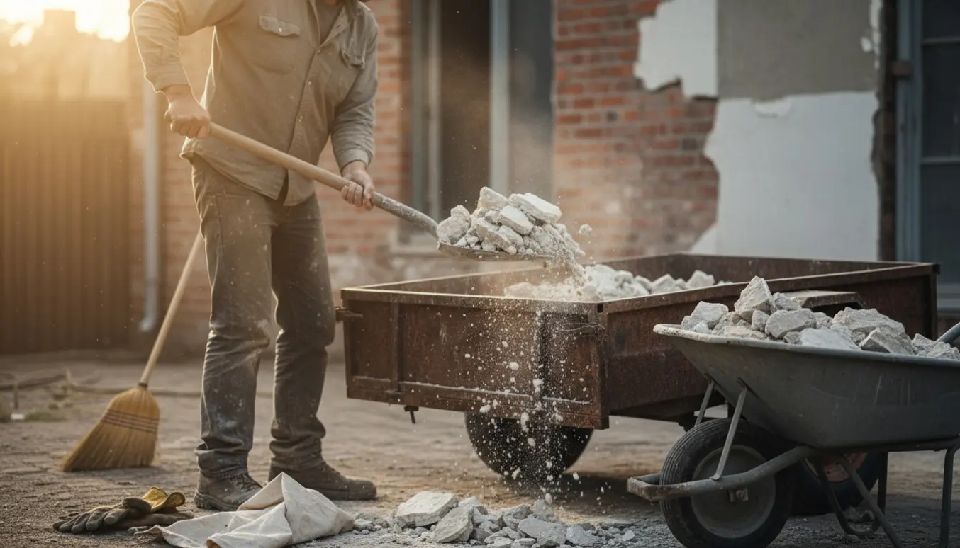 En arbejder skovler nedfaldet puds op i en trailer ved en byggeplads.