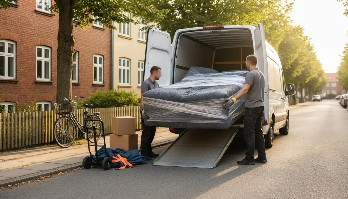 To personer læsser en indpakket seng ind i en flyttevogn på en stille københavnergade.