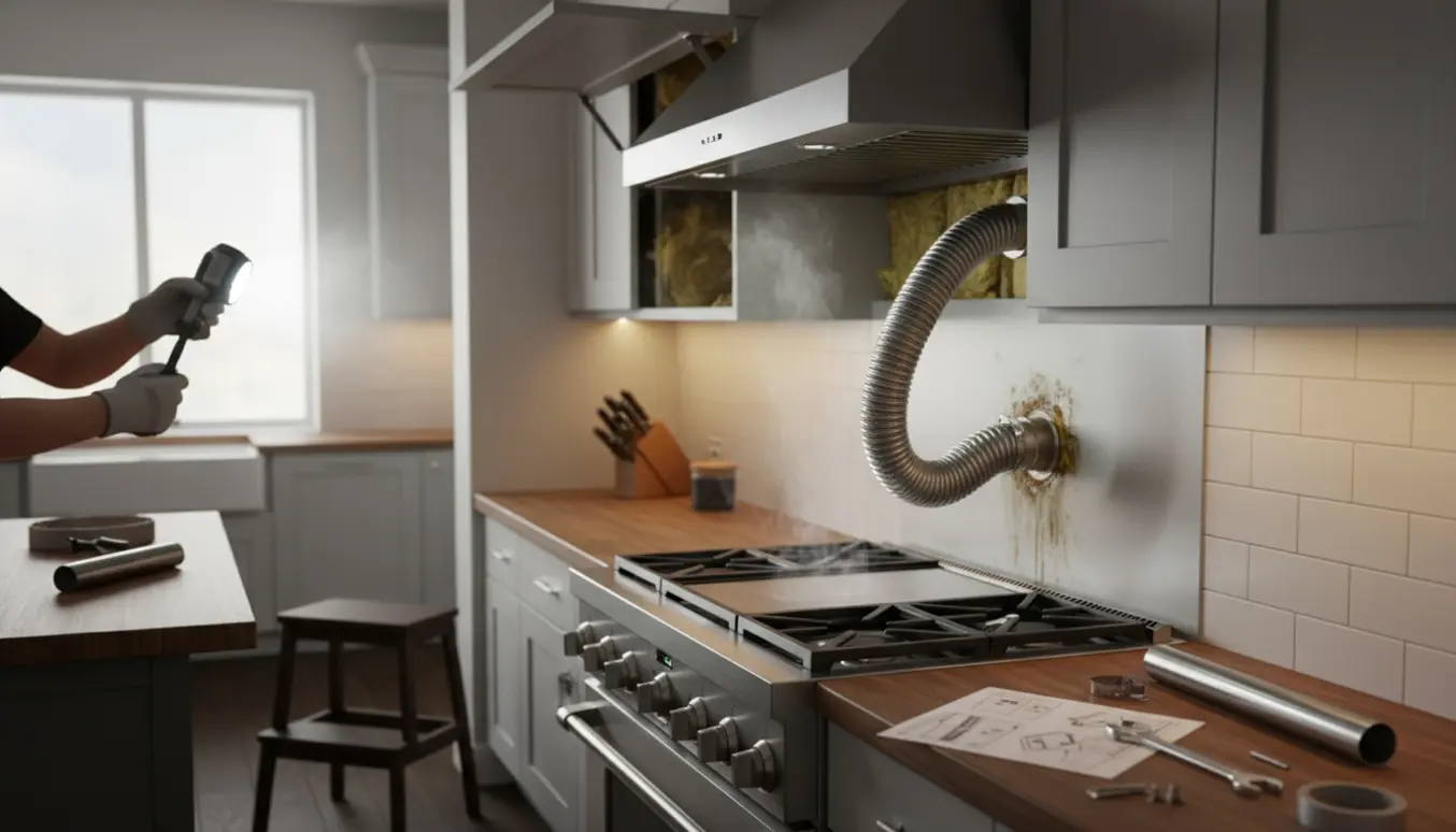 Emhætte trækker maddamp ind i et åbent overskab, mens hænder holder aftræksslange og værktøj.