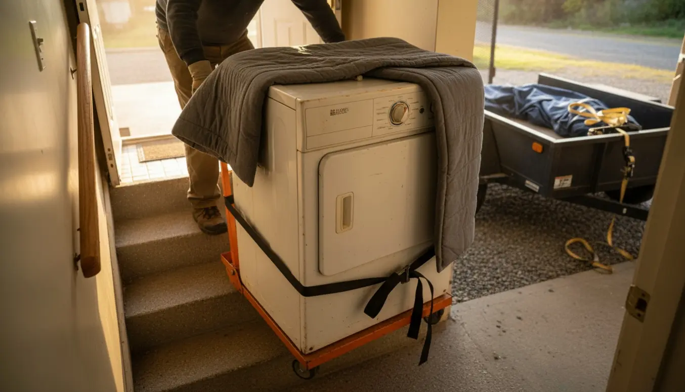 To personer løfter en gammel tørretumbler ned ad ca. fem kældertrin og ind i en trailer.