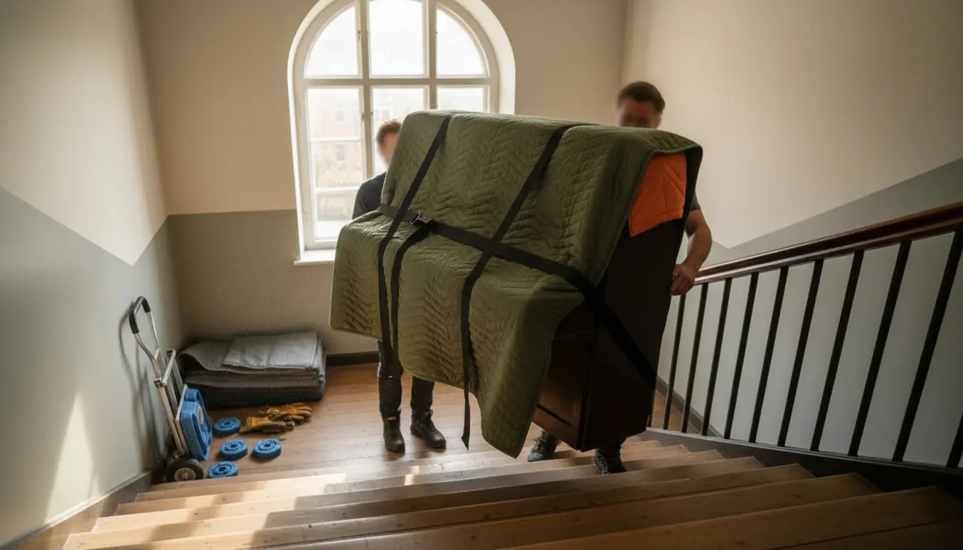 Pianette pakket ind og båret ned ad en bred trappe i en lys lejlighedsopgang.