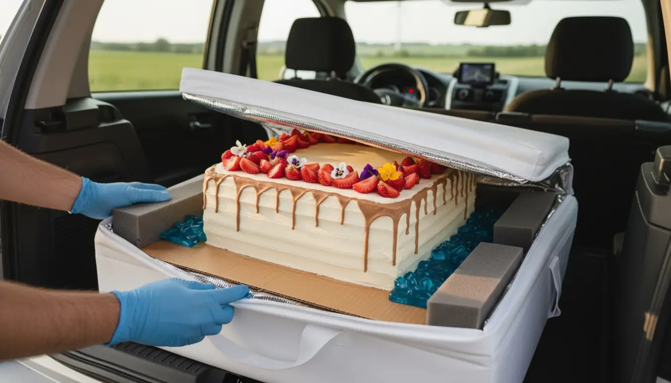 Stor firkantet lagkage i en isoleret transporttaske med køleelementer i en bils bagagerum.
